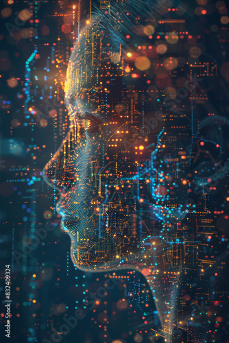 A digital abstract representation of a human profile with glowing circuits and light patterns, symbolizing artificial intelligence and futuristic technology.