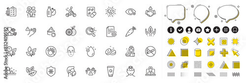 Set of Do not touch, Cyclist and Capsule pill line icons for web app. Design elements, Social media icons. Dont handshake, Medical mask, Dont touch icons. Leaves, Clean skin, Sun cream signs. Vector