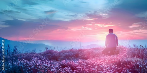 Man kneeling in prayer at sunset with a Christian background. Concept Religious Photography, Prayer Poses, Sunset Scenes, Christian Faith, Spiritual Moments