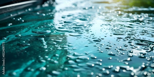 Closeup of water on car surface ideal for weather or maintenance concepts. Concept Water droplets on car  Macro photography  Weather elements  Car maintenance  Close-up shots