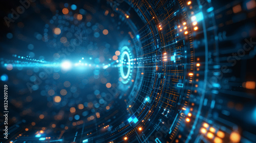 Futuristic digital data flow in a circular pattern, featuring vibrant blue and orange lights, representing technology and information processing.
