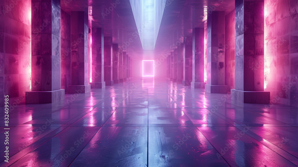 Modern 3D render with vibrant purple and pink lights on a reflective floor Modern 3D render with vibrant purple and pink lights on a reflective floor