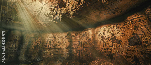 Ancient Cave Art Depicting Alien-like Figures Intricate Rock Paintings Showcasing Mysterious Anthropomorphic Creatures in a Historic Archaeological Setting Wallpaper Digital Art Poster Brainstorming photo