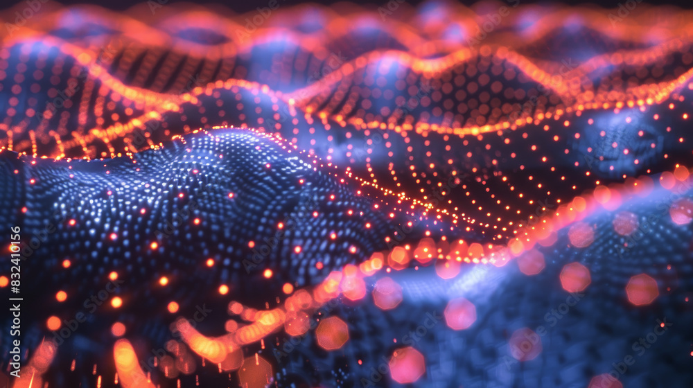Abstract digital landscape with vibrant dots. Futuristic data visualization concept with glowing particles creating a dynamic and immersive scene. Abstract digital landscape with vibrant dots. Futuristic data visualization concept with glowing particles creating a dynamic and immersive scene.