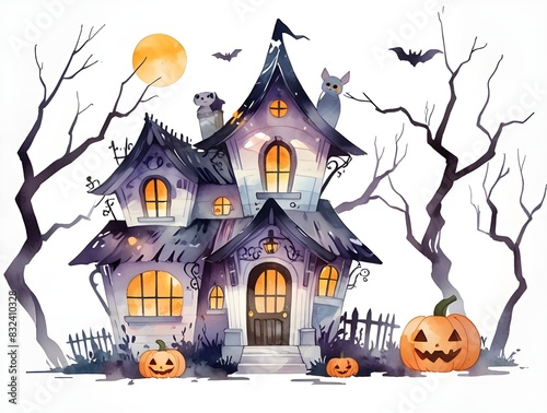 A beautiful haunted house Halloween watercolor illustration. Generative AI © Carlos