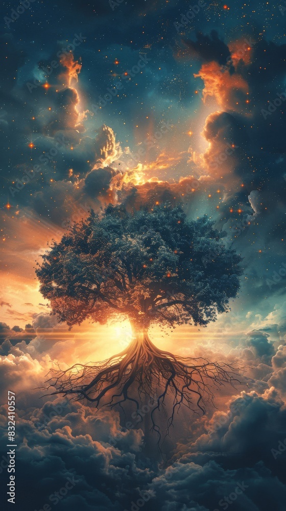 Surreal Art of a Tree Growing Towards a Glowing Sky