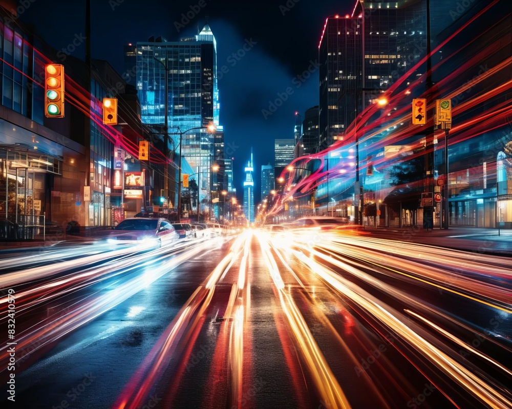 Blurred tail lights showing speed on a busy street at night focus on motion, vibrant, blend mode, downtown backdrop Blurred tail lights showing speed on a busy street at night focus on motion, vibrant, blend mode, downtown backdrop
