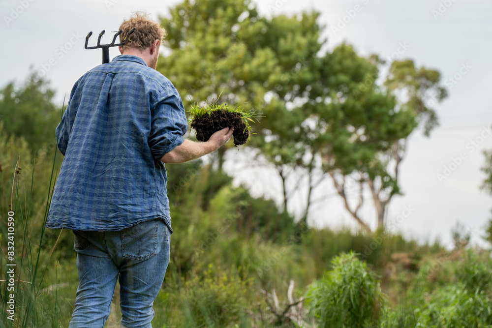 Fototapeta premium university student conducting research on forest health. farmer collecting soil samples in a test tube in a field. Agronomist checking soil carbon and plant health on a farm in australia