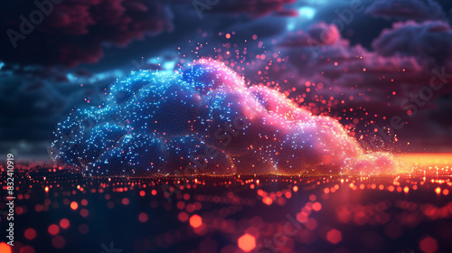 Digital cloud glowing with vibrant pixel lights in a dark sky, representing data, technology, and futuristic concepts. photo