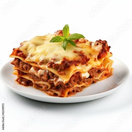 lasagna on a plate isolated on white background