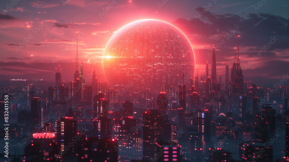A futuristic cityscape at dusk with neon lights and a giant glowing orb in the sky, conveying a sense of advanced technology and otherworldly atmosphere.