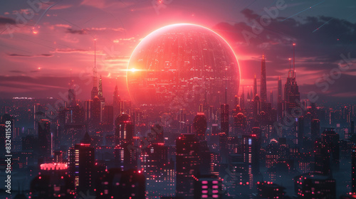 A futuristic cityscape at dusk with neon lights and a giant glowing orb in the sky, conveying a sense of advanced technology and otherworldly atmosphere.