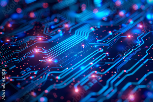 Close-up of a glowing blue abstract circuit board, illustrating advanced technology and digital connectivity.