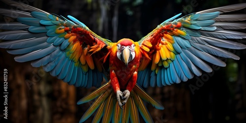 Vibrant parrot in flight with colorful feathers and wings outstretched. Concept Bird Photography, Vibrant Feathers, Colorful Wildlife, Nature in Flight, Avian Beauty photo