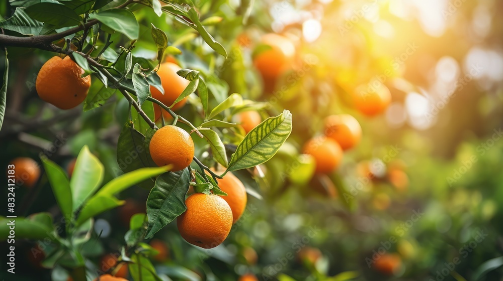Fresh citrus branches with organic ripe fresh oranges tangerines growing on branches with green leaves in sunny garden