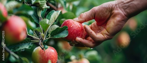  hand of farmer picking red apple fruit