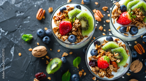 Top view of homemade granola with nuts, raisins with different fruits and berries with the addition of yogurt. The concept of healthy eating and healthy lifestyle. © Alina Tymofieieva