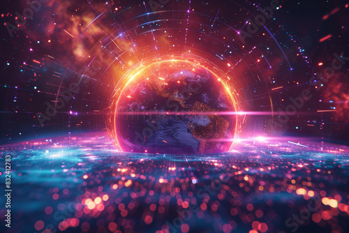 A stunning depiction of a digital Earth with glowing, vibrant colors and technology elements surrounding it, symbolizing global connectivity and innovation. © Kwanruethai