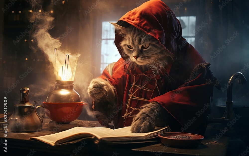 Fototapeta premium Cat crafting demonic recipes in a foggy kitchen close up, supernatural cuisine, vibrant, overlay, misty kitchen backdrop