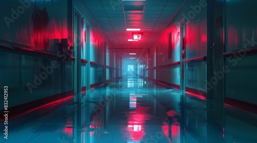 Empty hospital hallway with red lights for horror or medical themed designs © Yusif