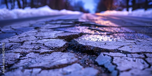 Cracked asphalt road with potholes needs immediate maintenance work ahead warning. Concept Road Maintenance, Cracked Pavement, Pothole Repair, Warning Sign, Safety Precautions