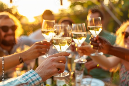 An outdoor cafe or restaurant's summer terrace with people clinking glasses of wine photo