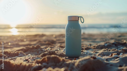 A reusable water bottle made from recycled materials for staying hydrated while cleaning the beach. photo
