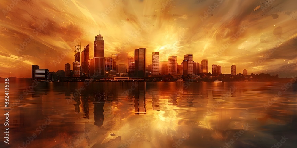 Digital painting of Sydney skyline at sunset with skyscrapers reflected in water. Concept Landscapes, Cityscape, Sydney Skyline, Sunset, Reflections