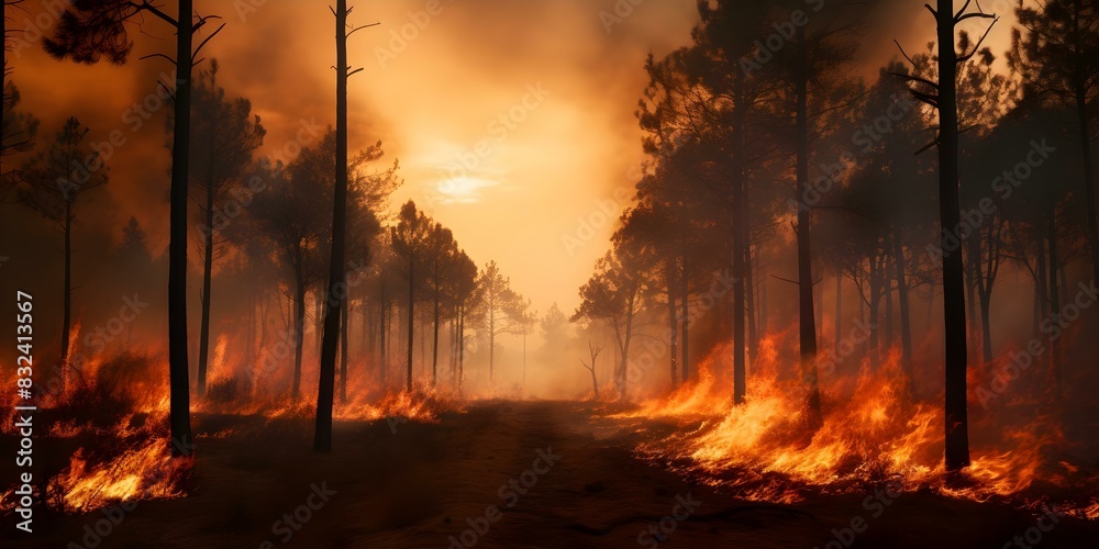Pine forest ablaze during dry season global wildfire crisis devastates Earth. Concept Global Wildfire Crisis, Pine Forest Destruction, Earth Devastation, Dry Season Photoshoot