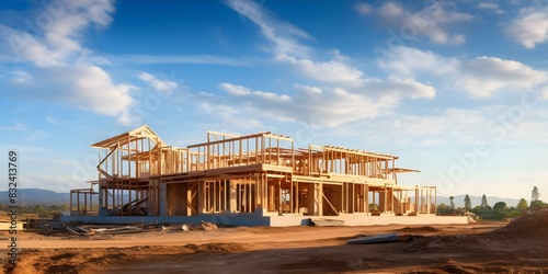 Wooden house under construction with blue sky background residential building framework. Concept Construction, Wooden House, Blue Sky, Residential Building, Framework