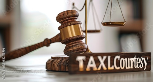 3D render of a wooden gavel on a table with the word "TAX LAW" written in gold