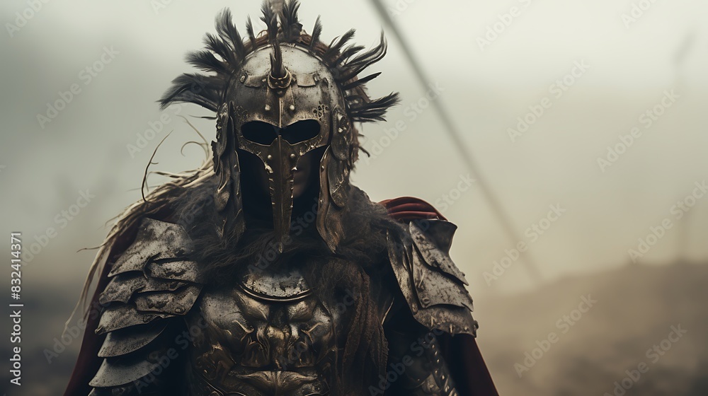 Fototapeta premium Fantasy-themed portrait of a warrior in elaborate armor standing in an ancient, misty battlefield