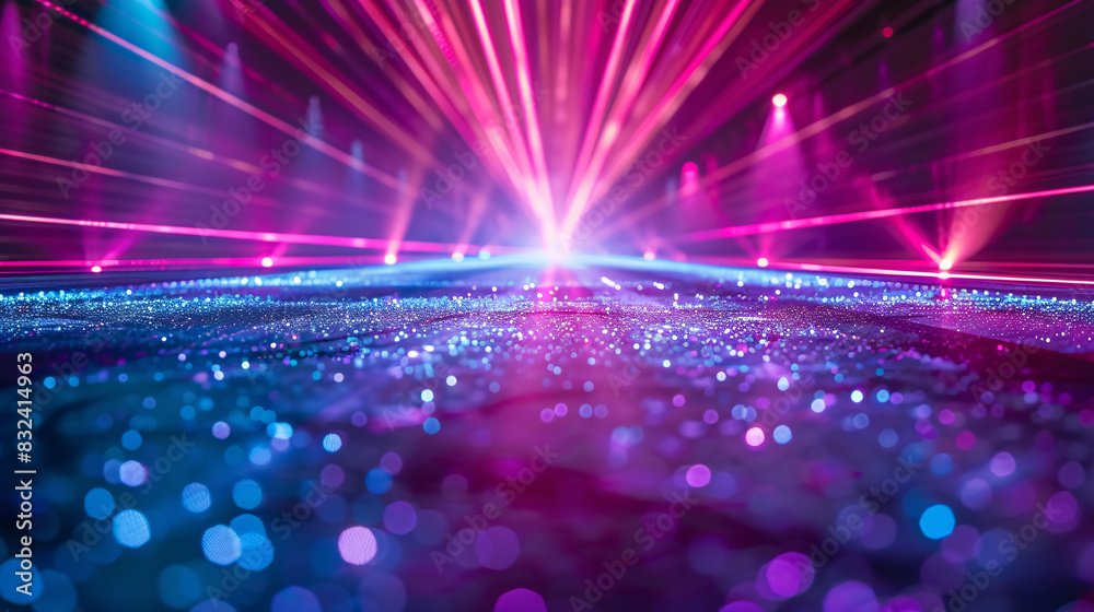Obraz premium Purple and blue neon lights creating an abstract geometric design on a digital floor