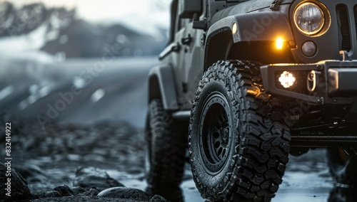 Close up of the rugged tires and black metallic bodywork on an offroad vehicle