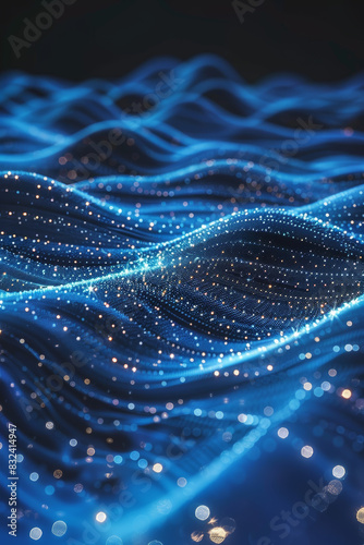 Abstract blue digital waves with sparkling lights, representing data flow and technology. Modern, futuristic design suitable for tech-related projects.