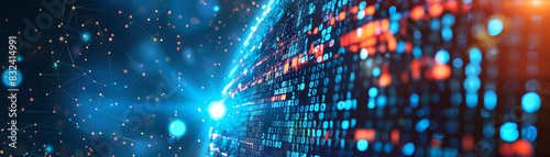 Futuristic digital data visualization with glowing lights and binary code on a globe, representing global connectivity and technology.