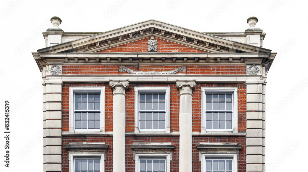 Fototapeta premium Symmetrical facade of a historic building with classic architectural elements and tall windows. Clear sky background.