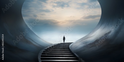Man climbs stairs into unknown ascending to discover selfrealization and uncertain future. Concept Self-realization, Personal growth, Climbing stairs, Uncertain future, Adventure photo