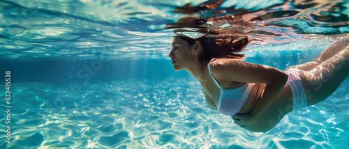 A graceful pregnant woman swimming in serene waters