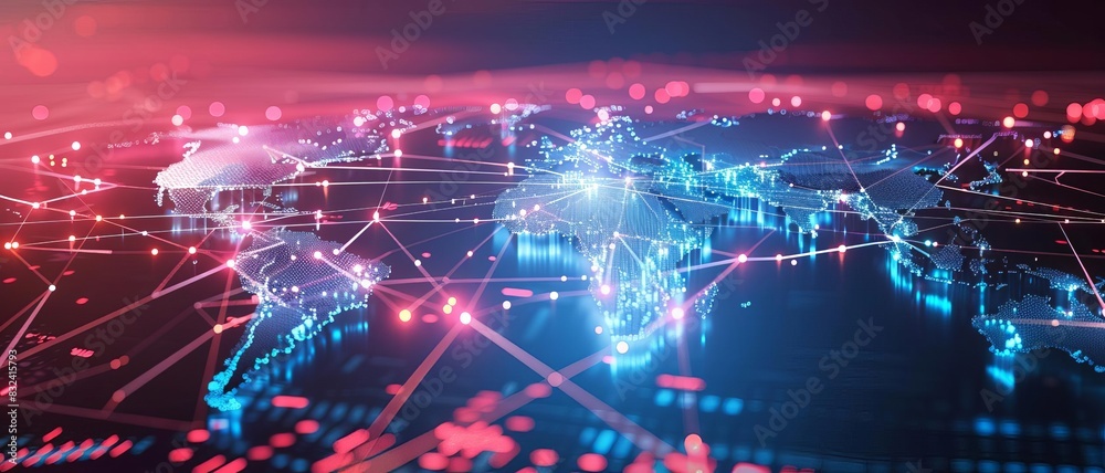 A holographic world map with interconnected patterns creating a mesmerizing backdrop A holographic world map with interconnected patterns creating a mesmerizing backdrop