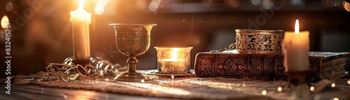 A sacred arrangement of symbolic items like a bible, chalice, and candle photo