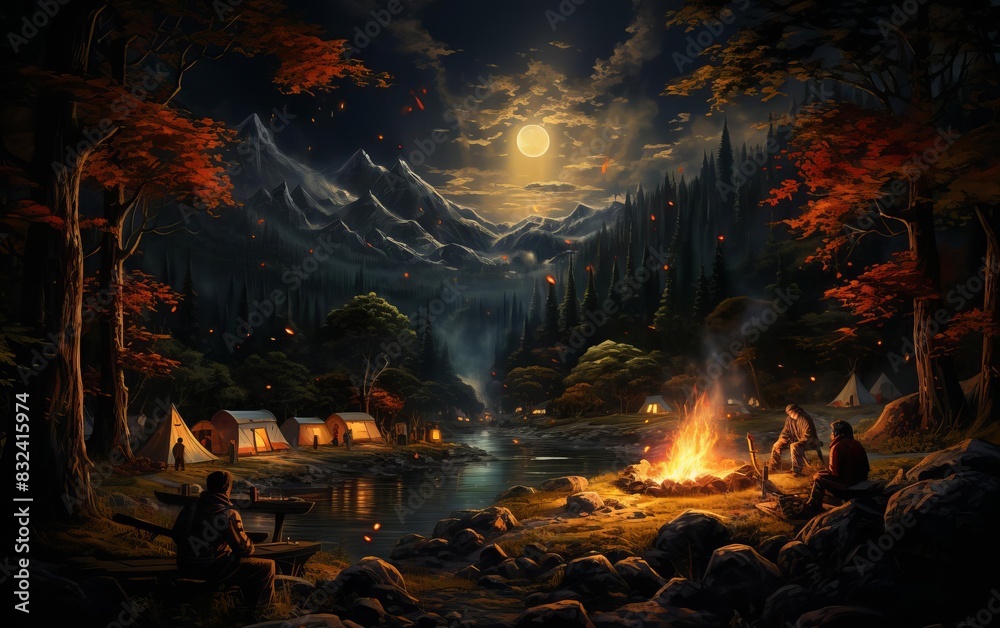 Obraz premium Campers roasting marshmallows over a campfire in the woods focus on outdoor fun, whimsical, blend mode, forest clearing backdrop