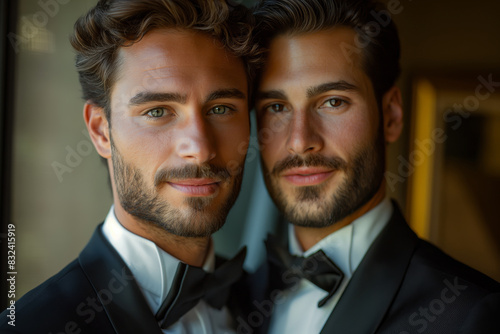 Handsome men in black tuxedos. Ideal for wedding, formal events, and fashion editorials, fitting for luxury branding and lifestyle marketing.