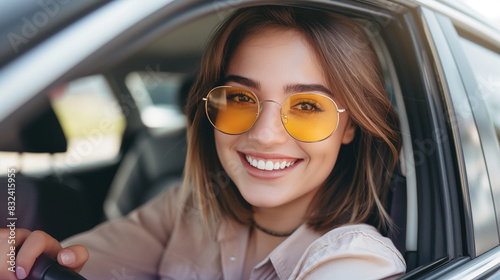 A young woman wearing yellow sunglasses smiles while sitting in the driver's seat of her black car, looking happy and relaxed as she holds onto one side of an open window to show off her beautiful smi photo
