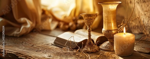 Unique arrangement of items like a bible, candle, and chalice photo