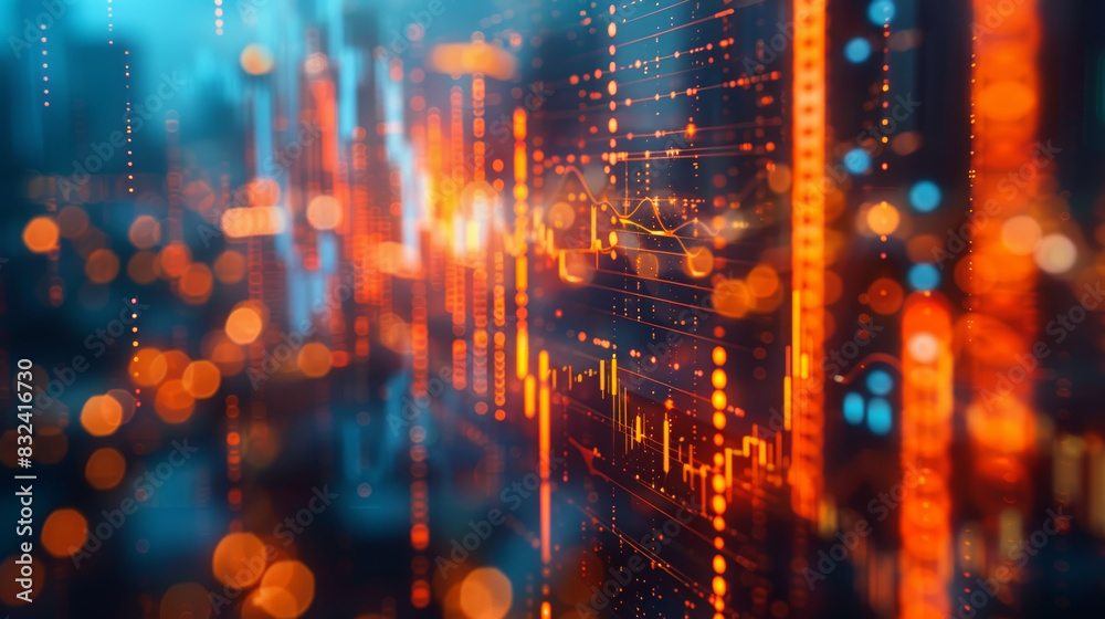 Dynamic digital forex trading chart with glowing orange and blue lines, representing market trends and financial data in a blurred background.