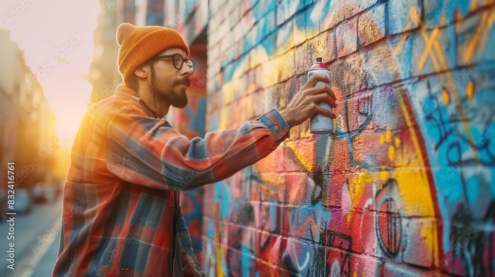 Fototapeta premium Urban artist spray painting a colorful graffiti. Creativity and urban art concept. Suitable for cultural, artistic, and community projects.