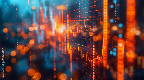 Dynamic digital forex trading chart with glowing orange and blue lines  representing market trends and financial data in a blurred background.