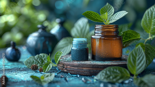 Aromatic essential oils in amber glass bottles surrounded by fresh mint leaves and pine cones  creating a serene natural setting for relaxation and wellness.