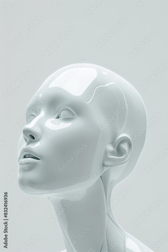 Minimalistic, futuristic sculpture of a human head with a sleek, glossy surface, representing modern art and avant-garde design concepts. Minimalistic, futuristic sculpture of a human head with a sleek, glossy surface, representing modern art and avant-garde design concepts.